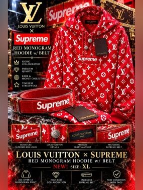 Louis Vuitton x Supreme Red Monogram Hoodie w/Belt🔥New! Size: XL